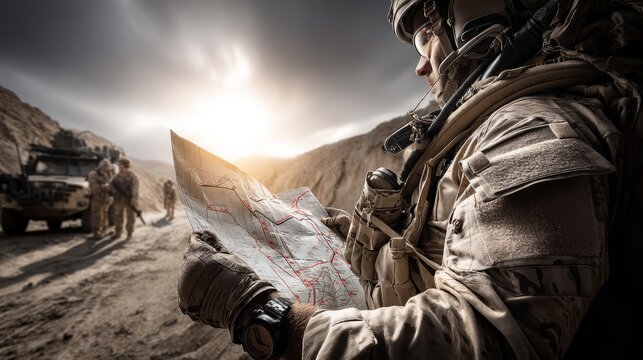 Tactical Officer Examining Map for Mission Planning in Desert Terrain