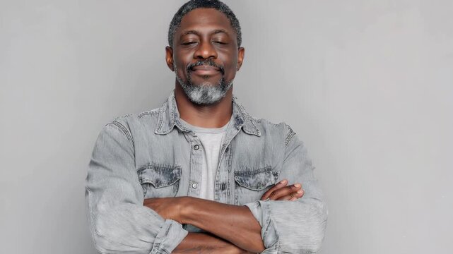 Confident man stands with arms crossed, smiling brightly against a neutral background during a casual moment of happiness
