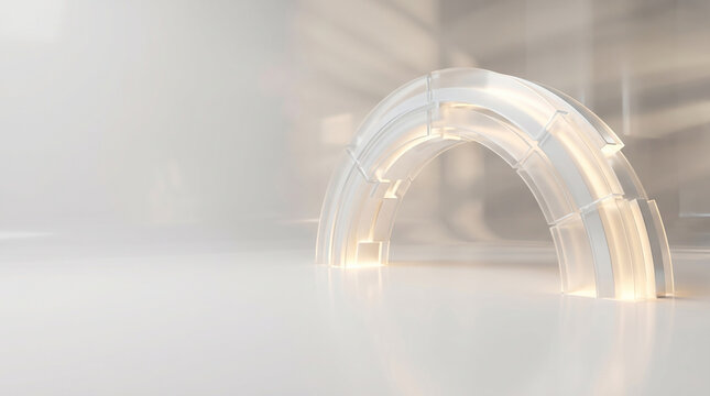 Abstract Glowing Glass Arch Bridge on White Clean Surface for World Refugee Day, Symbolizing Transition to Safety Sanctuary and Hope for Displaced People in Minimalist 3D Rendering Style