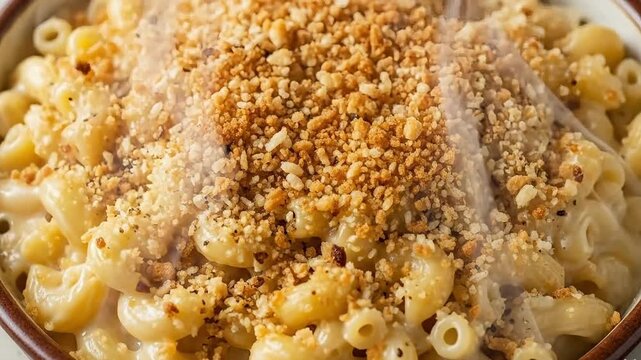 Gourmet macaroni and cheese with toasted breadcrumbs, creamy pasta in cheese sauce, homemade comfort food dinner served in a bowl