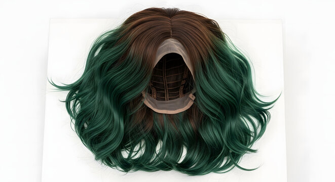 A closeup of a beautiful Wig cap with long curly red, green hair 