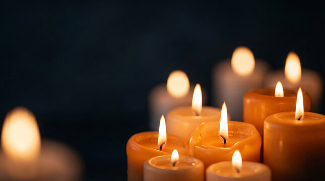 Group of Burning Candles in the Dark for World Refugee Day Vigil, Symbolizing Memorial Hope and Remembrance for Displaced People and Humanitarian Crisis Victims in Warm Ambient Light