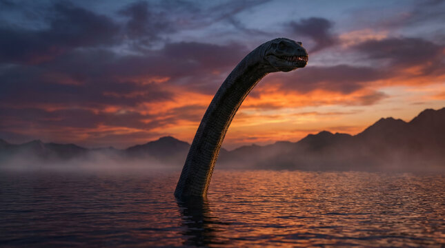 Dramatic Cinematic Close-up of Elasmosaurus Long Neck Rising from Calm Prehistoric Lake at Sunset for Epic History Documentary or Fantasy Movie Scene Background