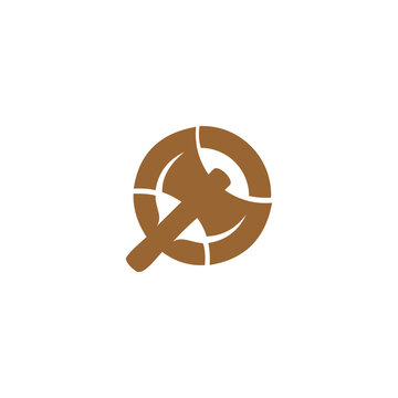A flat vector graphic in a warm, wood-brown color set against a white background. The design features a double-headed axe (labrys) integrated into a circular frame