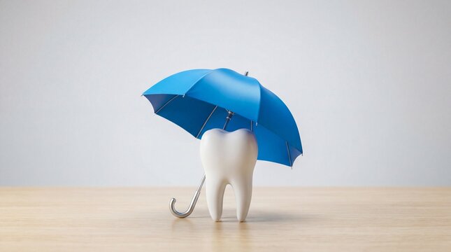 Tooth under blue umbrella on table dental protection healthcare concept