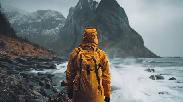 Male tourist stands against rugged coastal landscape with mountains and waves during an overcast day