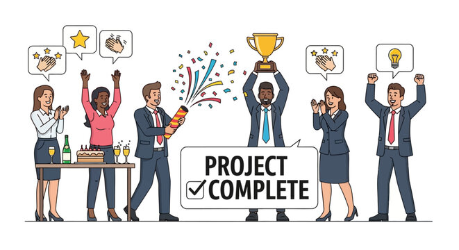 Business team celebrating project completion success.