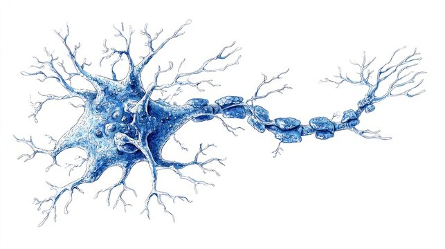 Detailed digital illustration of a human neuron highlighting its complex dendrites and axon extending from the anime villain body