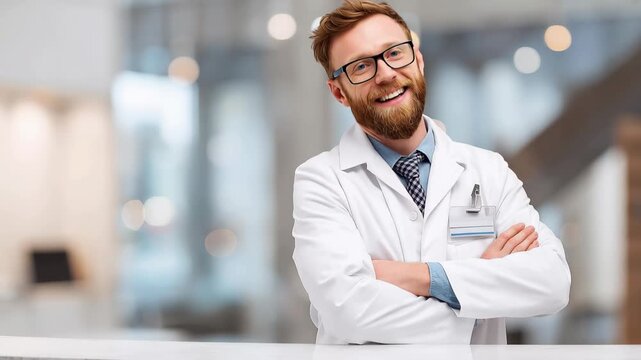 Confident doctor at the reception desk engaging with patients in a modern medical facility during daytime hours