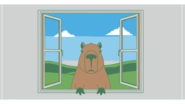 Bear Standing on Window Sill Illustration.