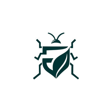 A flat vector illustration that creatively combines a beetle or shield bug silhouette with a leaf. The icon is rendered in a deep forest-green color against a clean white background