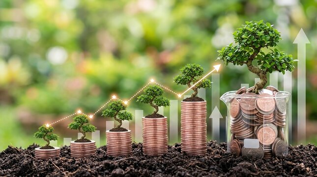 environmental dividends, sustainable investment, green finance, economic growth, esg investing, savings growth, ecological sustainability concept with trees on coin stacks.