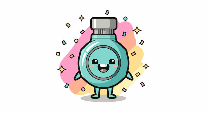 Cute cartoon bottle character with smiling face.