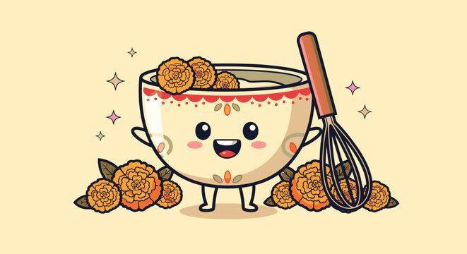 Cute Cartoon Bowl Character With Whisk And Cookies.