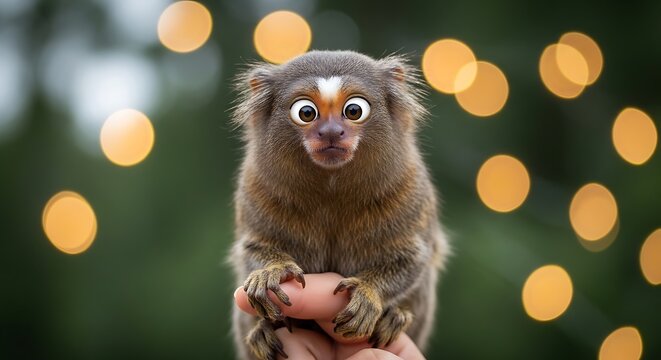 Tiny primate with wide eyes sits on a human finger against a bokeh background