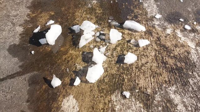 Dynamic scene of crystalline ice fragments scattered on a wet urban pavement, vividly illustrating the dissolution process of frozen elements in ambient light