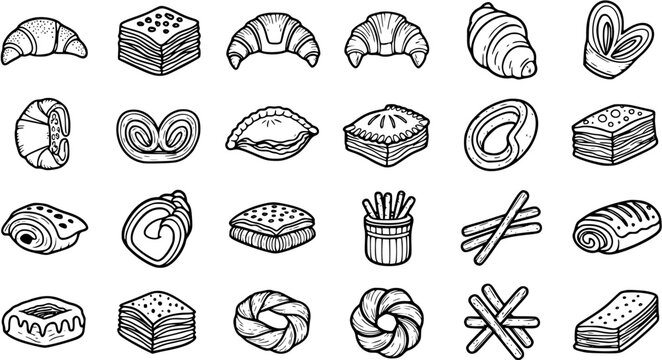 Food Industry Black and White Line Art Icons. Hand-drawn Bakery Pastries, Sweet Bread, Croissants, Baklava, and Desserts Doodle Vector Set.