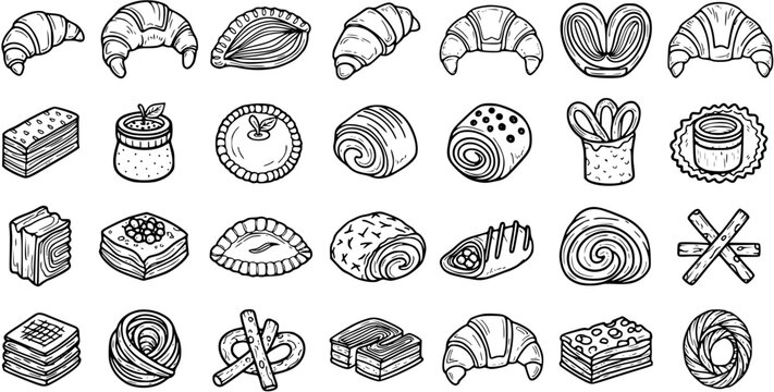 Food  Drink Bakery Pastries Black and White Line Art Icons Set. Hand Drawn Outline Doodle Collection of Croissants, Sweets, Bread, and Desserts.