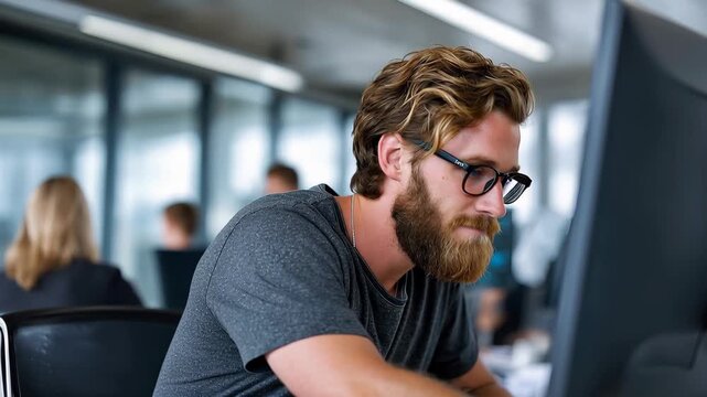 Smiling man with glasses working at a modern office desk during daytime, engaged in creative tasks surrounded by colleagues