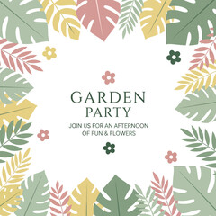 Obraz premium Garden Party Invitation with Tropical Leaves and Flowers