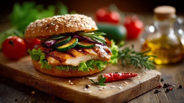 Delicious grilled chicken burger with fresh vegetables on a rustic wooden cutting board, garnished with herbs and spices in a warm kitchen setting
