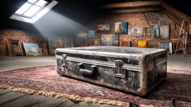 Scuffed Aluminum Flight Case Resting on Persian Rug in Attic Art Gallery