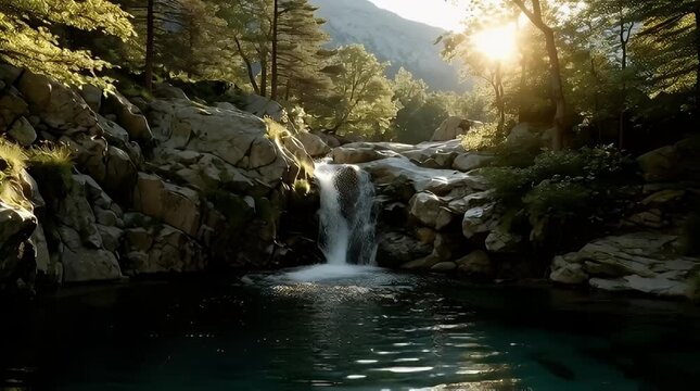 Serene mountain waterfall cascading into a tranquil pool bathed in golden sunlight filtering through lush forest foliage a peaceful nature escape