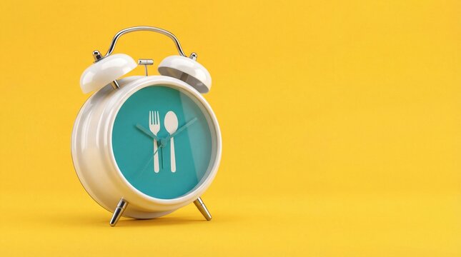 Alarm clock with fork and spoon on yellow background meal time concept