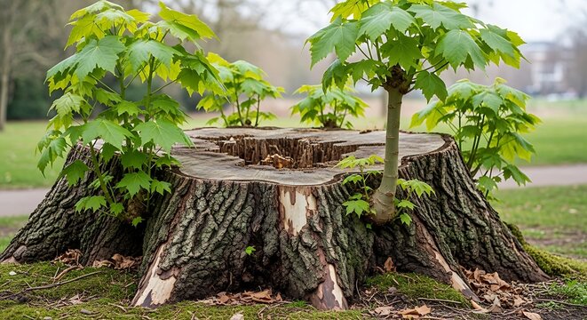 Tree stump with new growth in a park setting showing natures resilience