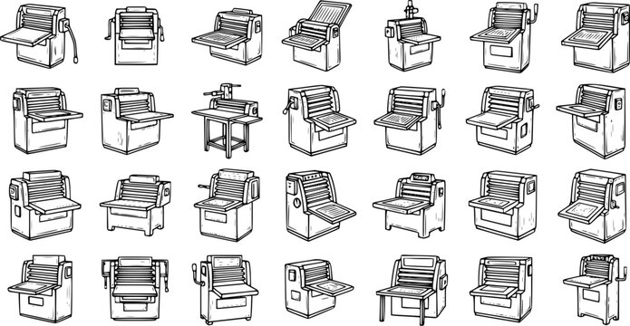 Food  Kitchen Hand-drawn Pasta Maker Machines Set - Black and White Line Art Vector Illustrations of Noodle Rollers and Dough Makers for Italian Cooking