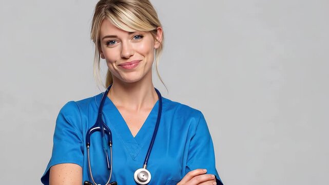 Confident and happy woman nurse smiling with crossed arms in a clinical setting during daylight, wearing blue scrubs and a stethoscope around her neck