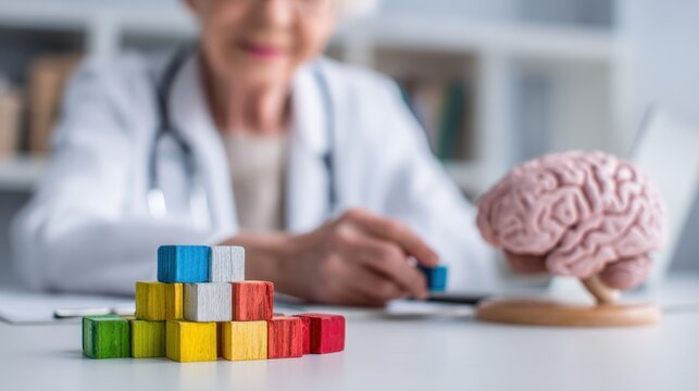 Elderly person engaging in playful learning activity with colorful wooden cubes and a model of the brain, emphasizing cognitive development and mental agility in senior age