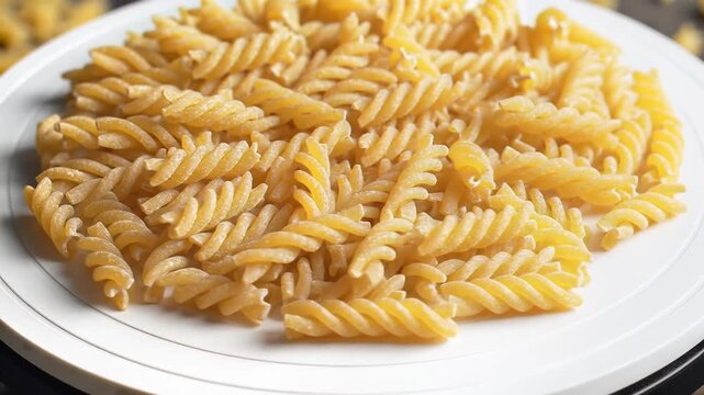 Close-up shot of delicious fusilli pasta on a white plate.