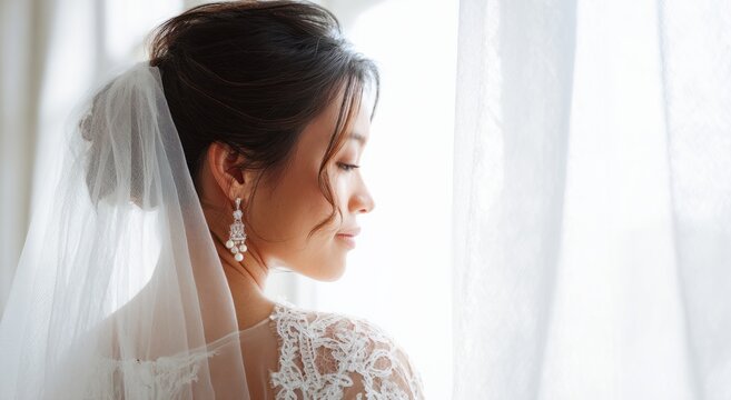Elegant asian bride wearing a traditional wedding dress with intricate lace details, standing near a window with soft natural light illuminating her profile