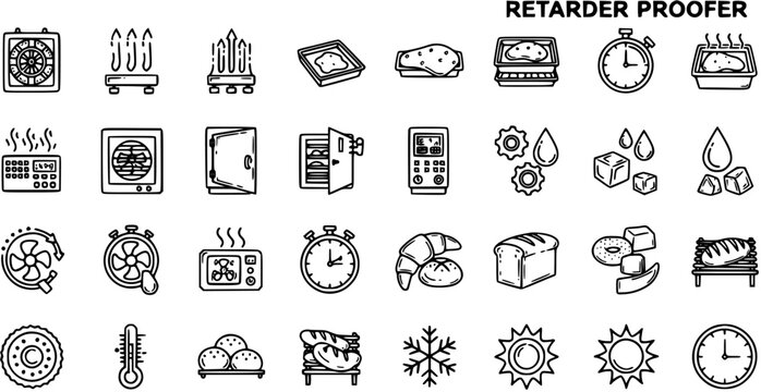 Baking and Food Industry Retarder Proofer Equipment Line Art Icons Set. Outline Symbols for Dough Proofing, Retarding, Temperature, and Humidity Control.