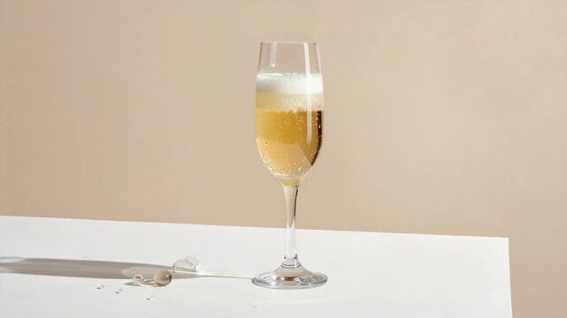 Elegant champagne flute with sparkling wine and bubbles on a clean surface