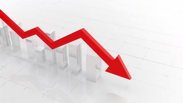 Professional financial chart scene with a bold red arrow sharply declining, representing market loss, negative trend, and economic downturn.