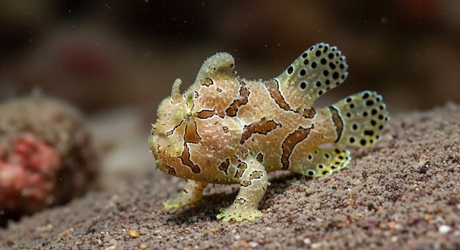 Unique frogfish with spotted fins camouflaged on ocean floor