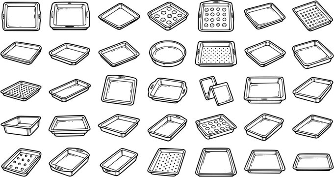 Black and White Line Art Illustration of Various Baking Pans and Trays