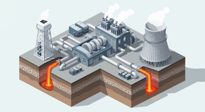 Isometric illustration of a geothermal power plant harnessing Earth's natural heat to generate clean, renewable electricity through a sustainable energy process