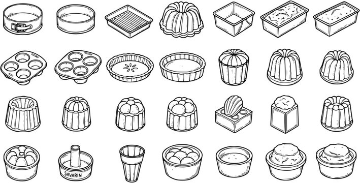 Food Industry Baking Molds and Pans Line Art Icons Set. Black  White Hand Drawn Kitchen Bakeware Utensils: Cake, Muffin, Tart, Loaf, Jelly Forms.
