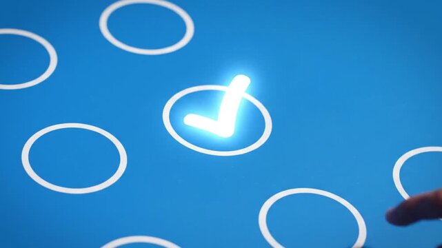 Glowing digital check mark on blue touchscreen interface, finger selecting glowing checkbox icon, futuristic voting and survey concept
