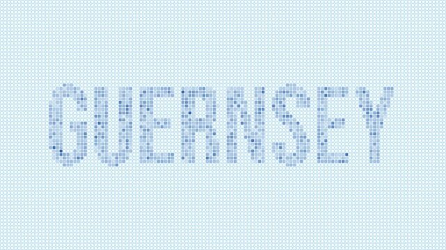 Guernsey dotted map animation. Digital style shape of the country. Guernsey shape and title dots appear with bulb flickering effect. Intro, outro, logo, title video.