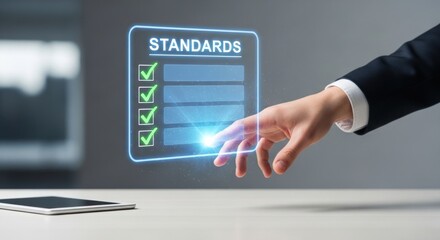 Fototapeta premium Businessman finger touching digital holographic checklist standards, for quality assurance, professional compliance, business excellence, corporate operational success
