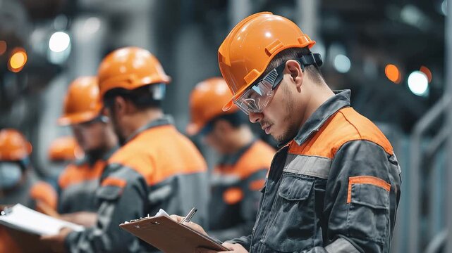 Team of skilled engineers conducting maintenance checks in an industrial setting, focused on safety and quality standards during the early morning shift