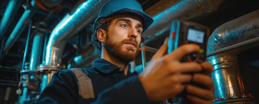 Engineer using infrared camera to monitor equipment in industrial setting with blue and hot colors