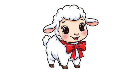Fototapeta premium Cute cartoon sheep with a pink bow, sweet expression and fluffy wool, adorable style with bright colors on a white background.