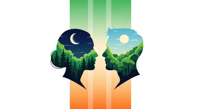 Conceptual illustration of male and female head silhouettes with nested daytime and nighttime landscapes, facing each other on a gradient background, representing duality and harmony