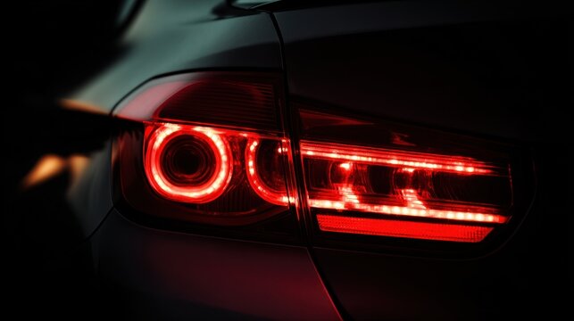 Close-up of a modern car's red LED taillight glowing in the dark
