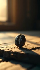 Fototapeta premium A solitary, ice-kissed coffee bean, its surface etched with time, sits sentinel on a rough wooden surface, bathed in nostalgic, low-angle light, texture, still life